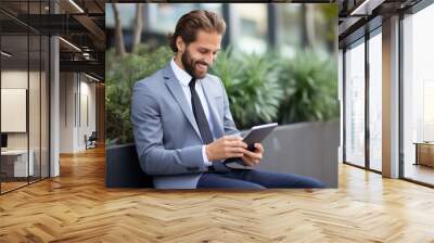 portrait of successful senior businessman outside office using tablet computer Wall mural