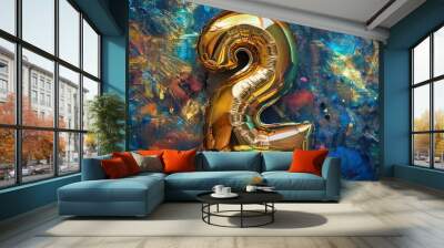 A shiny gold balloon in the shape of the number two Wall mural