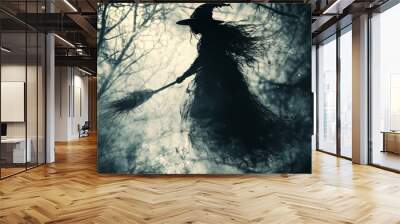  A spooky Halloween party picture featuring  witchs with her magic broom and a spider web,they are scattered irregularly in the four corners of the picture, The witch is wearing a hat and black cloak. Wall mural