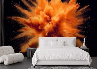 A complex orange powder explosion white background that creates a captivating and unique visual impact. The orange powder spreads out in a beautiful pattern, showing a sense of movement and energy. Th Wall mural