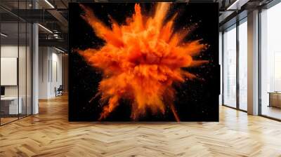 A complex orange powder explosion white background that creates a captivating and unique visual impact. The orange powder spreads out in a beautiful pattern, showing a sense of movement and energy. Th Wall mural