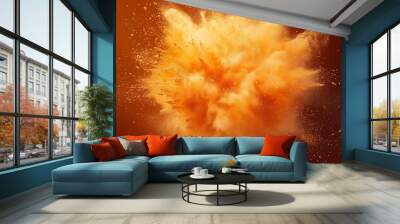 A complex orange powder explosion white background that creates a captivating and unique visual impact. The orange powder spreads out in a beautiful pattern, showing a sense of movement and energy. Th Wall mural