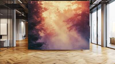 A nature magazine cover with a bright forest with a white background, warm colors and imagination, the forest is beautiful and soft, adding artistic and happy atmosphere.  Wall mural