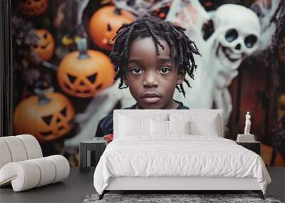 A young teenager black boy,he attends a Halloween party filled with surprises and spooky Halloween elements. clutching a bag of freshly won candy and looking forward  funny game or prank.  Wall mural