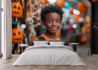 A young teenager black boy,he attends a Halloween party filled with surprises and spooky Halloween elements. clutching a bag of freshly won candy and looking forward  funny game or prank.  Wall mural