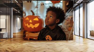 A young teenager black boy,he attends a Halloween party filled with surprises and spooky Halloween elements. clutching a bag of freshly won candy and looking forward  funny game or prank.  Wall mural