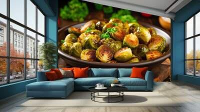 Brussels Sprouts in a bowl roasted with olive oil on dark wooden background. Vegetarian cuisine. Healthy vegetable side dish. Thanksgiving day food concept. Traditional roasted Brussel sprouts Wall mural