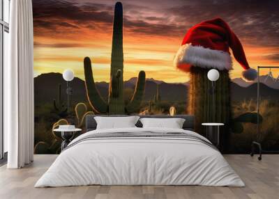 Cactus in red santa claus hat against desert background at sunset, copy space. Alternative Christmas tree. Creative Xmas and NY background. Tropical Christmas mood. Festive cactus Wall mural