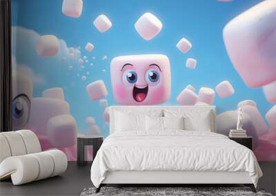 Cartoon marshmallow food character. Funny cartoon Marshmallow character banner. Cartoon pink marshmallows flying against light blue background. Cute marshmallow cartoon character emoticon mascot Wall mural