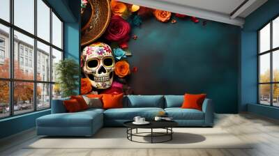 Day of the dead dark background with Skull mask, mexiacan hat and flowers. Holiday banner with traditional skull for postcard, poster, web site, greeting invitation, Copy Space. AI generated Wall mural