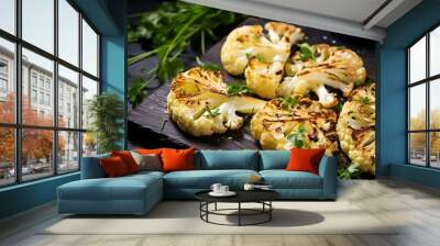 Grilled cauliflower steaks with greens and herbs on wooden serving board, close up. Healthy eating, plant based meat substitute concept. Vegan food dish, roasted cauliflower. AI generated Wall mural