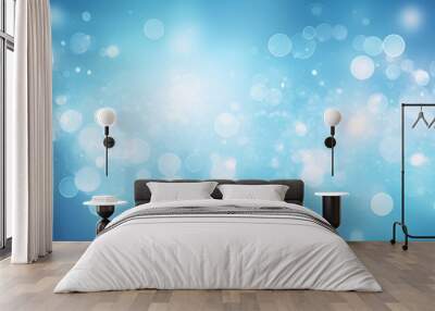 Shining blurred blue bokeh background with glitters and lights. Glowing holiday banner for christmas, new year and other celebrations with bokeh lights and copy space. Generative AI Wall mural