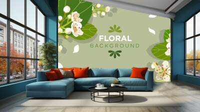 Flowering hawthorn branches in vector. White flowers on branches with foliage in vector. Hawthorn blossom in vector, flat style. Wall mural