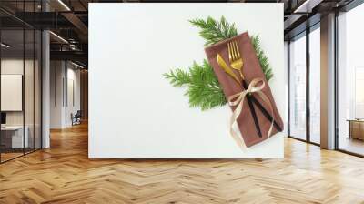 Christmas table decoration. Christmas dinner plate, cutlery decorated festive decorations. Winter holidays. Christmas card. Free space for your text. Merry Christmas, Happy New Year. Wall mural