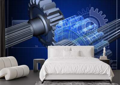 Close-up of blueprint with cogwheel Wall mural