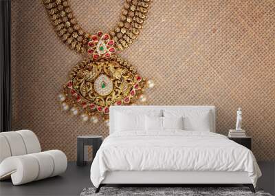 Indian Traditional Antique Gold Necklace with Peacock Design Wall mural