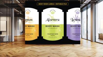 Body wash label design, product label design, lemon aloe vera lavender fragrance labels design set editable vector file print ready illustration Wall mural