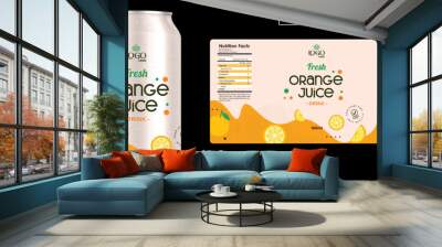 Orange Juice label design, soft drink bottle label design. Soda can vector. Energy drink label design. Orange flavor fruit juice label template design. Wall mural