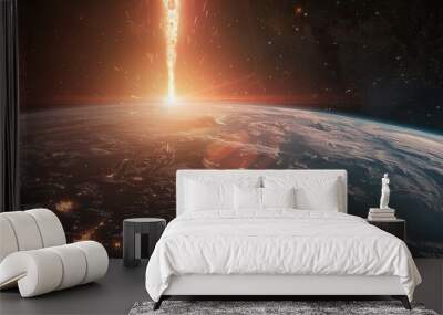 Brilliant Meteor Glowing as It Enters Earth’s Atmosphere Above Vibrant City Lights at Night Wall mural