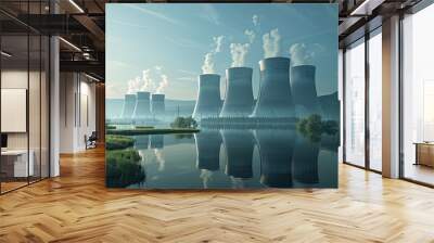 Nuclear Power Plant Representing Clean Energy Solutions Amidst Tranquil Landscape With Reflections in Water Wall mural