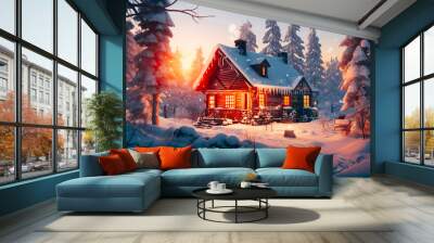 A cozy winter house with snow and blue sky Wall mural