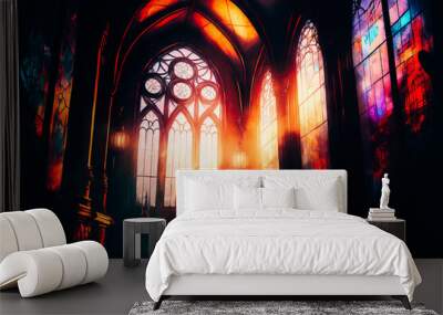 A weathered, historic church with stained glass windows casting colorful light Wall mural