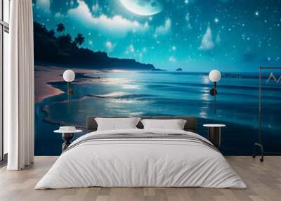 Stunning night image of the moon and thousands of stars over the ocean and beach Wall mural