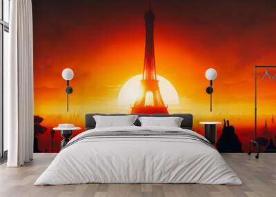 The iconic Eiffel Tower is illuminated by the early morning sun Wall mural