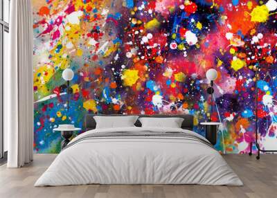 Hand drawn colorful painting abstract art panorama background colors texture. Wall mural