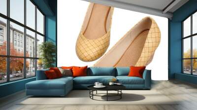 Pair of light summer women's shoes, isolated on white background Wall mural