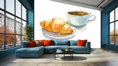 Coffee cup with croissant, watercolor illustration, isolated on white background, perfect for invitations, cards, dinners and menu templates. Wall mural