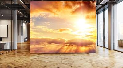 dramatic sunset sky landscape background natural color of evening cloudscape panorama with setting sun rays highlighting clouds ultra wide panoramic view Wall mural