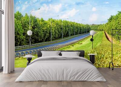 empty road landscape in city outskirts with pedestrian pathway against green forest background. Ground wide view of modern highway down to countryside. Street in town. Freeway in rural landscape Wall mural