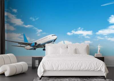 modern airplane taking off airport runway against clouds sky background. Panorama of departing passenger plane and runway. Perspective view of jet aircraft arriving to airport. Air travel wallpaper Wall mural