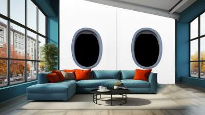 modern airplane window of passenger cabin isolated on white fuselage side exterior wide view. Aircraft windows closeup detailed design reference with black glass. Plane parts panorama photo Wall mural