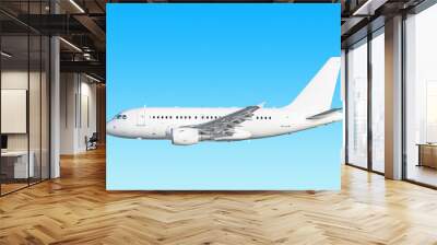 white airplane side view isolated on blue sky background. Passenger jet plane with gear extended. Commercial aircraft paint scheme. Luxury business jet flying in air. Aviation design reference photo Wall mural