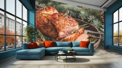 Baked Christmas pork (ham) with rosemary. Christmas decoration, festive background concept. Wall mural