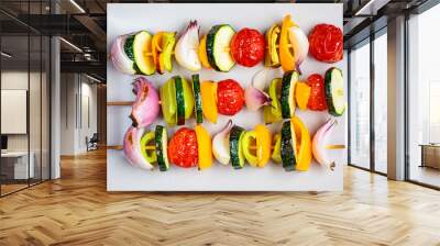 Grilled skewers vegetables on gray rectangular plate. Vegan food concept. Wall mural