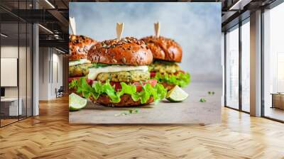 Vegan falafel burger with vegetables and sauce, dark background, copy space. Healthy  plant based food concept. Wall mural