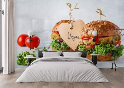 Vegan lentil burgers with kale and tomato sauce on a white background. Wall mural