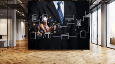 Business professionals use touchscreen technology to digitally connect documents by tapping the screen with their fingers. Wall mural