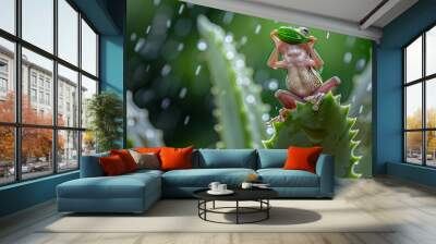 A small tree frog sits on the edge of an aloe leaf in the rain, holding a green umbrella above its head in its raised hand.  Wall mural