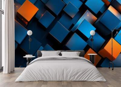 Abstract 3d render of blue and orange cubes background. Futuristic technology style. Wall mural