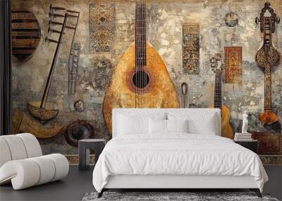 Abstract background with musical string instruments in ethnic style Wall mural