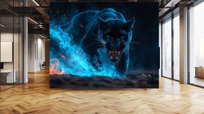 Angry black pnther with open mouth and fiery mane, Glowing yellow eyes, jumping, blue fire flames and sand at night background. Intense Black Panther with Fierce Glowing Eyes in Blue Fiery Ambience
 Wall mural