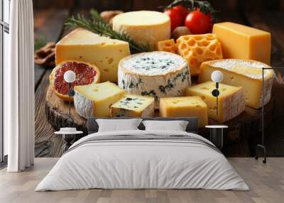 Assortment of cheese on wooden table, closeup. Dairy products. Cheese Selection. Large assortment of international cheese specialities.
 Wall mural