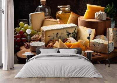 Assortment of cheese on wooden table, closeup. Dairy products. Cheese Selection. Large assortment of international cheese specialities. Wall mural