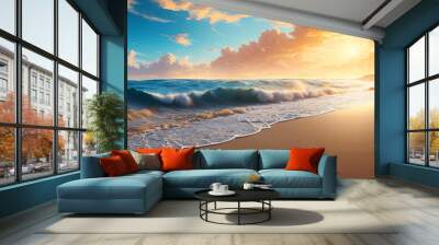 Beautiful colorful sunset over the sea. Beautiful seascape with waves at sunset. Nature composition. Seascape. Holiday Vacation concept. Generative AI technology. Wall mural