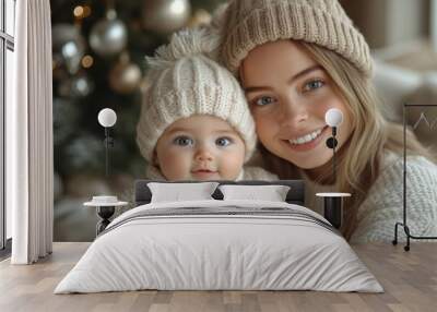 Beautiful young mother and her adorable little daughter in knitted hats are sitting on the floor near the Christmas tree. Wall mural