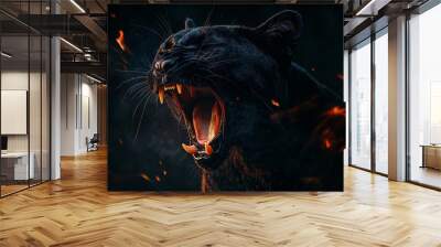 Black panther aggressively roaring. A powerful black cougar aggressively lunging forward, surrounded by sparks and flames, set against a dark, moody background Wall mural